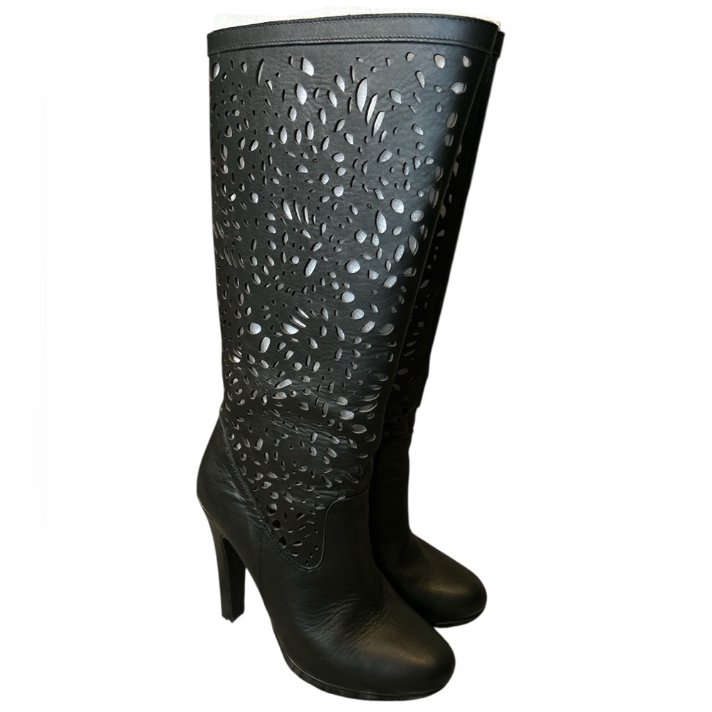 Colin Stuart Black Leather Cutout High Heel Knee-high boots | 7.5